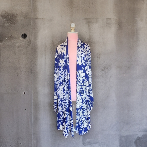 Lily Navy and Beige Damask Ruched Open Cardigan Sz 1X - Picture 1 of 7